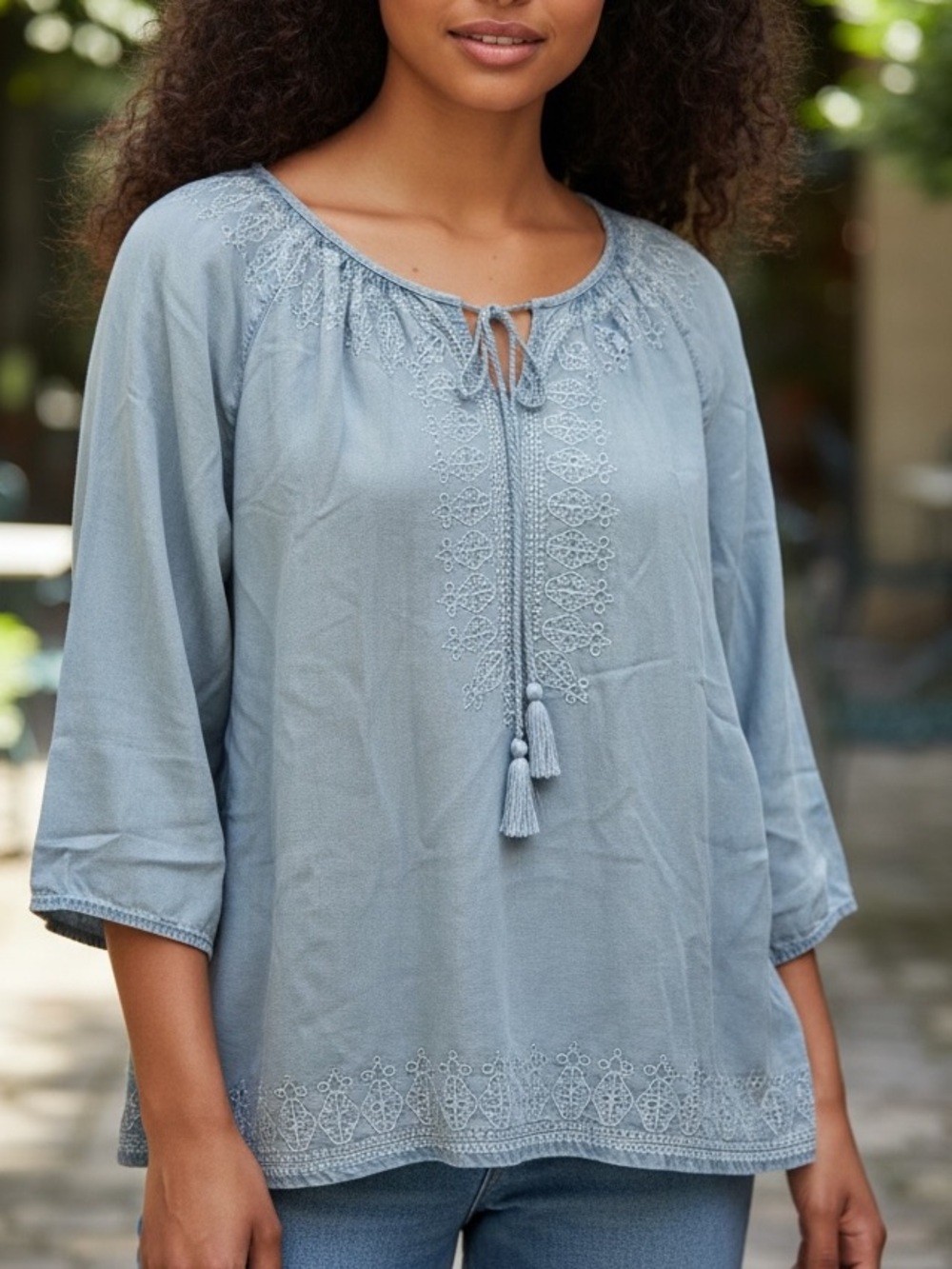 J.Jill Denim Embroidered Tencel Peasant Top Large Petite Tassel Boho Blue - Picture 1 of 14